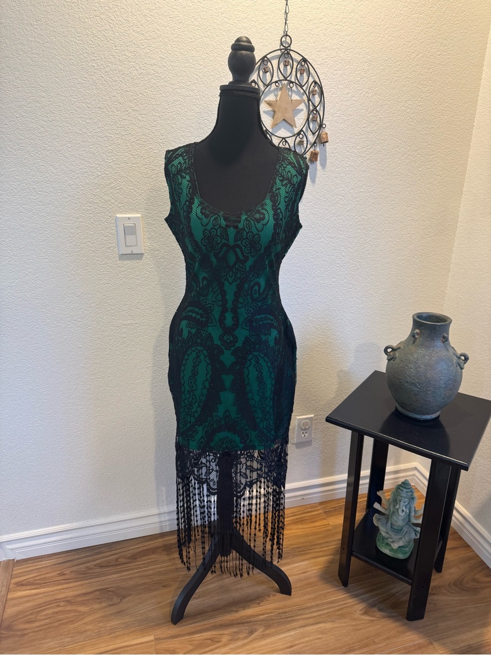 Emerald Green Lace Fringe Midi Dress - Scoop Neck Bodycon